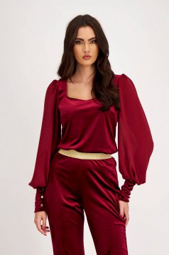 Velvet Burgundy Women's Blouse with Puffed Sleeves in Voile and Square Neckline - StarShinerS