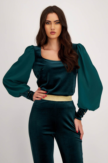 Women's Dark Green Velvet Blouse with Puff Sleeves in Veil and Square Neckline - StarShinerS