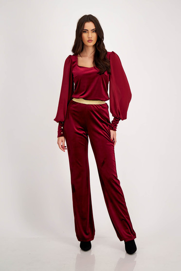 Trousers, Velvet Cherry Long Flared High-Waisted Pants with Elastic Support - StarShinerS - StarShinerS.com
