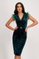 Dark green velvet knee-length pencil dress with wrapover neckline and feathered shoulders - StarShinerS 1 - StarShinerS.com