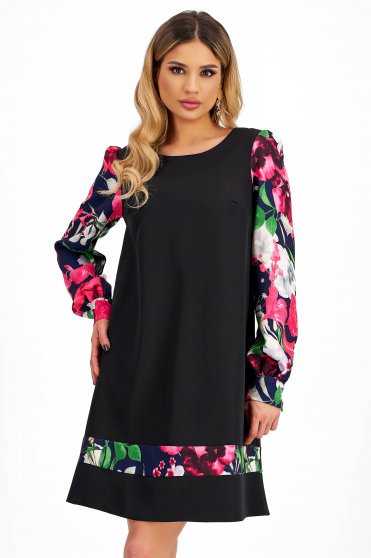 Elastic Fabric Dress with A-Line Cut and Puff Sleeves with Floral Print - StarShinerS