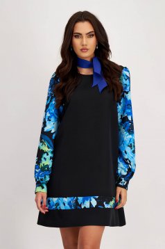 Elastic Fabric Dress with A-line Cut and Puffy Sleeves with Floral Print - StarShinerS