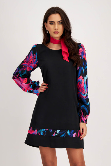 Elastic Fabric Dress with A-Line Cut and Puffy Sleeves with Floral Print - StarShinerS