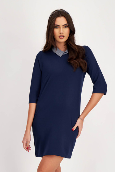 Online Dresses, Navy blue crepe dress with a straight cut and shirt-style collar - SunShine - StarShinerS.com