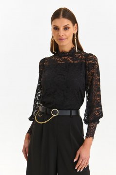Black women`s blouse laced tented with puffed sleeves