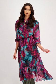 Midi Veil Dress in A-line with Elastic Waist and Puffy Sleeves - StarShinerS