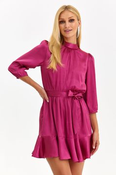 Pink dress from satin short cut cloche with elastic waist with ruffles at the buttom of the dress