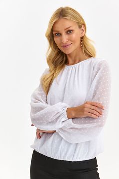 White women`s blouse from veil fabric loose fit with elastic waist with puffed sleeves