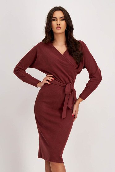 Brick-colored knitted pencil dress with elastic waist and crossover neckline - StarShinerS