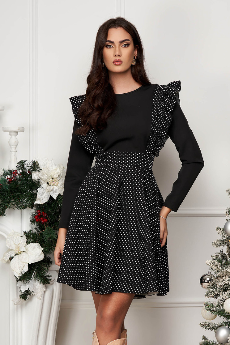 Rochie din stofa din stofa elastica neagra scurta in clos cu volanase tip bretele - StarShinerS