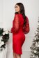 Red Stretch Fabric Midi Pencil Dress with Puffy Lace Sleeves - StarShinerS 2 - StarShinerS.com