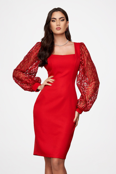 New Year`s Eve Dresses, Red Stretch Fabric Midi Pencil Dress with Puffy Lace Sleeves - StarShinerS - StarShinerS.com