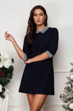 Navy Blue Crepe Short Dress with a Straight Cut, Printed Collar and Cuffs
