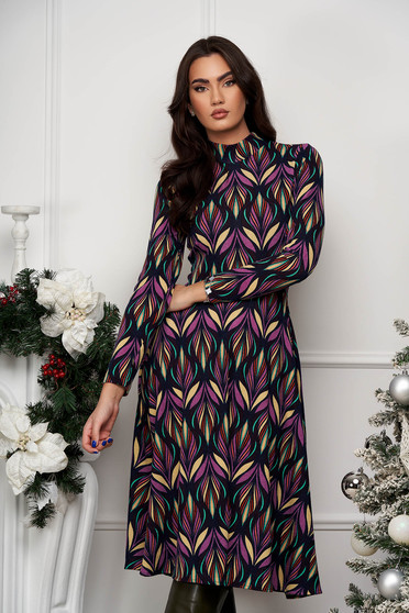 Knitted Midi Flared Dress with High Collar - StarShinerS