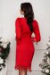 Red Stretch Fabric Knee-Length Pencil Dress with Puffy Shoulders and Embroidery - StarShinerS 2 - StarShinerS.com