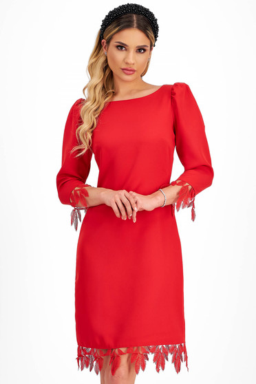 Red Stretch Fabric Knee-Length Pencil Dress with Puffy Shoulders and Embroidery - StarShinerS