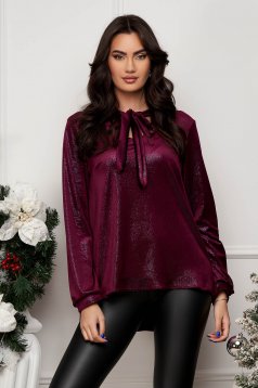 Velvet women's blouse with asymmetrical purple glitter applications, loose fit and scarf-type collar - StarShinerS