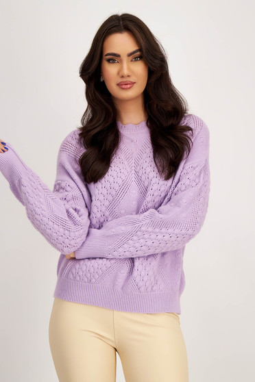 Lilac knit sweater with loose fit and rounded neckline with embossed pattern - SunShine