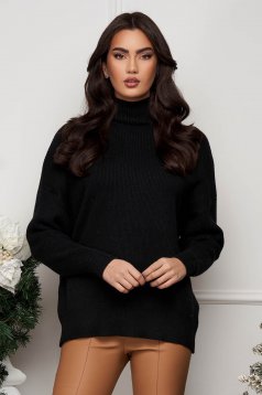Black ribbed knit sweater with loose fit and high collar - SunShine