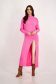 Pink Knit Midi Dress with Loose Fit, Side Slit, and High Neck - SunShine 3 - StarShinerS.com