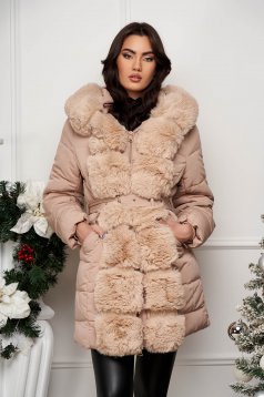 Beige synthetic fabric jacket with a straight cut and detachable faux fur inserts