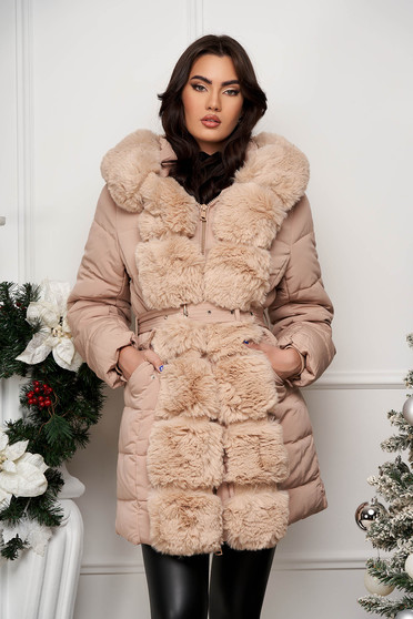 Jackets, Beige synthetic fabric jacket with a straight cut and detachable faux fur inserts - StarShinerS.com