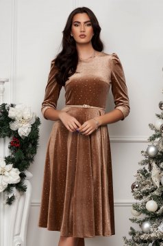 Velvet dress with glitter applications nude midi flared with belt accessory - StarShinerS