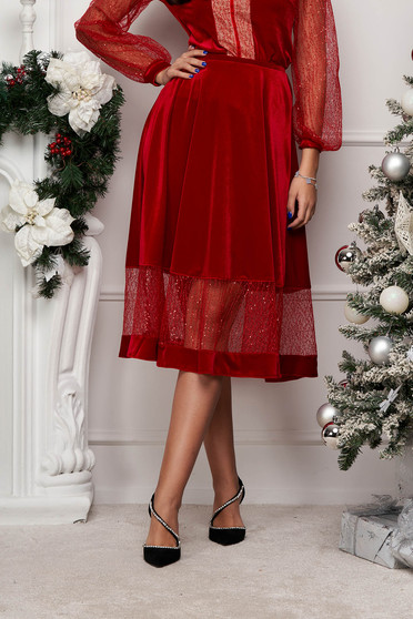 Red Velvet Midi Skater Skirt with Elastic Waistband and Sequined Lace Trim - StarShinerS