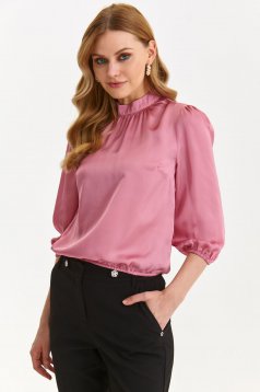 Pink women`s blouse from satin loose fit with puffed sleeves with 3/4 sleeves