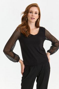 Black women`s blouse tented from elastic fabric with puffed sleeves with laced sleeves
