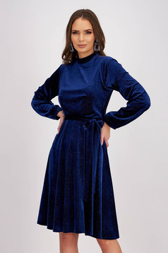 Velvet Dress with Blue Glitter Applications Knee-Length Flared with Elastic Waist - StarShinerS