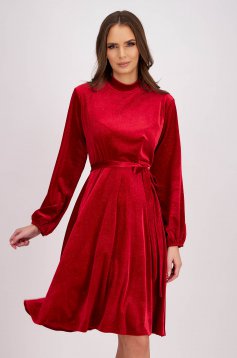 Rochie din catifea cu sclipici rosie pana la genunchi in clos cu elastic in talie - StarShinerS