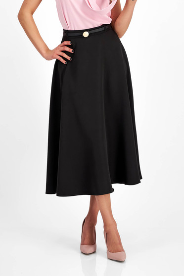 Midi skirts, Black elastic fabric midi flared skirt with belt accessory - StarShinerS - StarShinerS.com