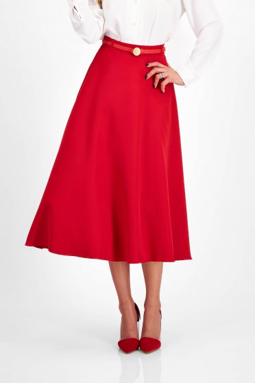 Office skirts, Red Elastic Fabric Midi Skater Skirt with Belt Accessory - StarShinerS - StarShinerS.com