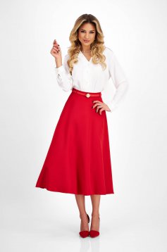 Red Elastic Fabric Midi Skater Skirt with Belt Accessory - StarShinerS