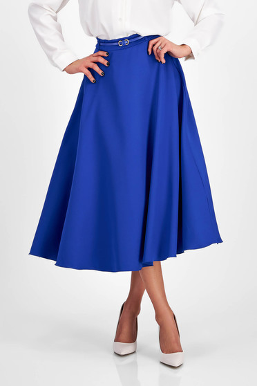 Office skirts, Blue stretch fabric midi flared skirt with belt accessory - StarShinerS - StarShinerS.com