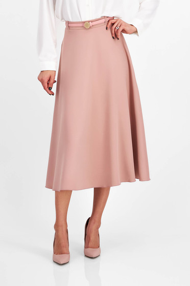 Office skirts, Powder pink elastic fabric midi flared skirt with belt-type accessory - StarShinerS - StarShinerS.com