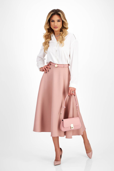 Elegant skirts, Powder pink elastic fabric midi flared skirt with belt-type accessory - StarShinerS - StarShinerS.com