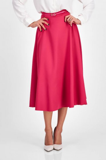 Office skirts, Pink Elastic Fabric Midi Flared Skirt with Belt Accessory - StarShinerS - StarShinerS.com