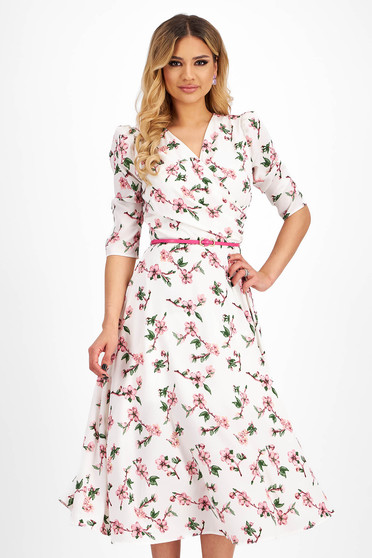 Floral print dresses, - StarShinerS dress from satin midi cloche wrap over front accessorized with belt - StarShinerS.com