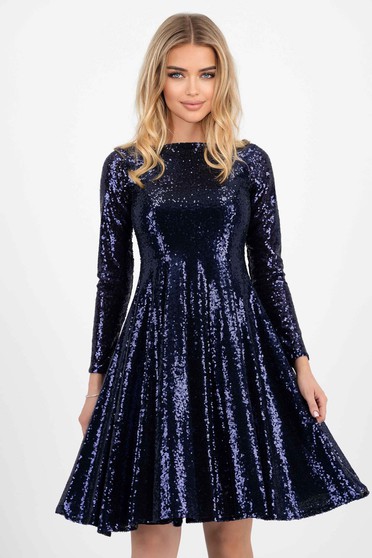 New Year`s Eve Dresses, Navy sequin flared dress with rounded neckline - StarShinerS - StarShinerS.com