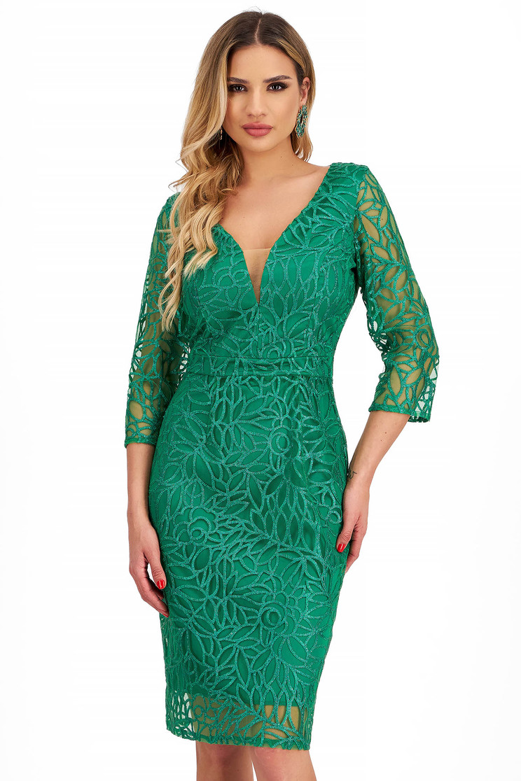 Rochie din dantela verde tip creion pana la genunchi cu aplicatii cu paiete - StarShinerS - Rochii-Dama.ro