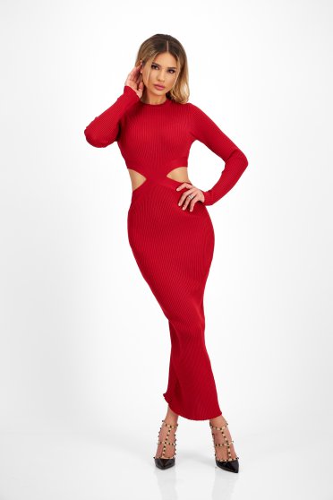 Red Knitted Maxi Pencil Dress with Fabric Cut-Outs - SunShine
