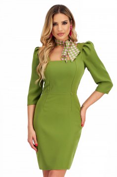 Khaki Stretch Fabric Short Pencil Dress with Puffy Shoulders - StarShinerS