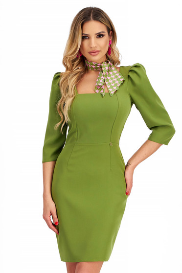 Office dresses - Page 2, Khaki Stretch Fabric Short Pencil Dress with Puffy Shoulders - StarShinerS - StarShinerS.com