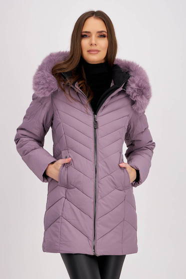 Jackets, Light purple straight-cut windbreaker with a detachable hood and faux fur trim - SunShine - StarShinerS.com