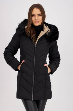 Black quilted jacket with a straight cut and detachable hood with faux fur - SunShine