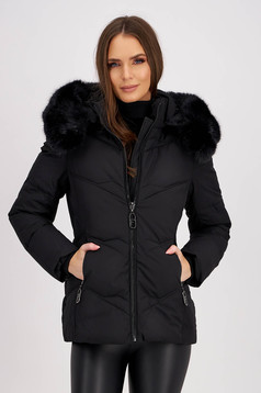 Black fitted quilted jacket with zip pockets and detachable hood - SunShine