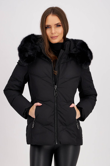 Jackets, Black fitted quilted jacket with zip pockets and detachable hood - SunShine - StarShinerS.com