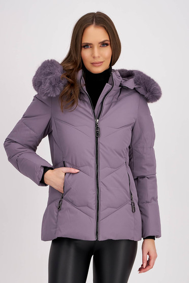 Light Purple Fitted Puffer Jacket with Zip Pockets and Detachable Hood - SunShine